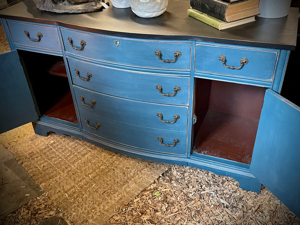 Vintage Bassett Solid Wood Sideboard in Distressed Blue with Obsidian Black Top