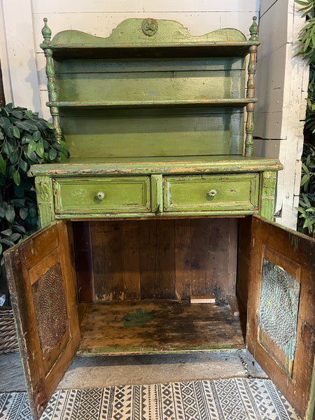 Antique Primitive Lime Green Pie Safe Cabinet with Open Shelving