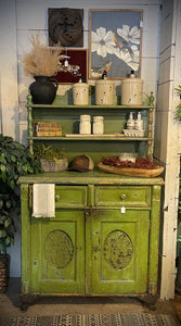 Antique Primitive Lime Green Pie Safe Cabinet with Open Shelving