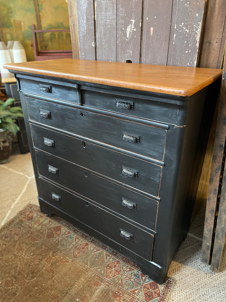 Antique-Style Obsidian Black Chest of Drawers with Hand-Distressed Finish