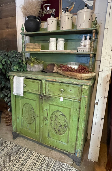 Antique Primitive Lime Green Pie Safe Cabinet with Open Shelving