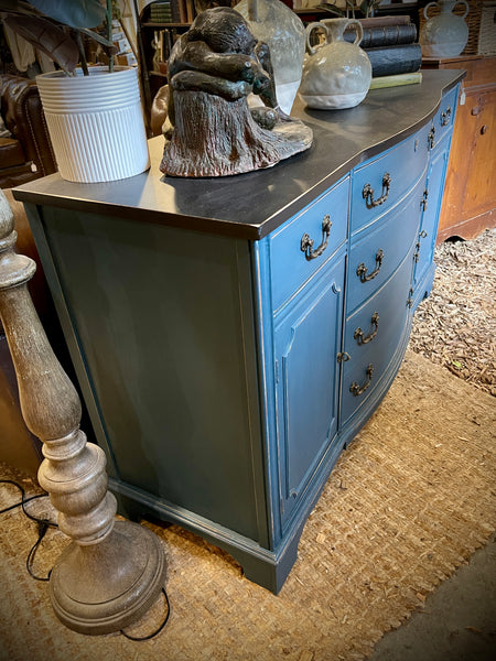 Vintage Bassett Solid Wood Sideboard in Distressed Blue with Obsidian Black Top