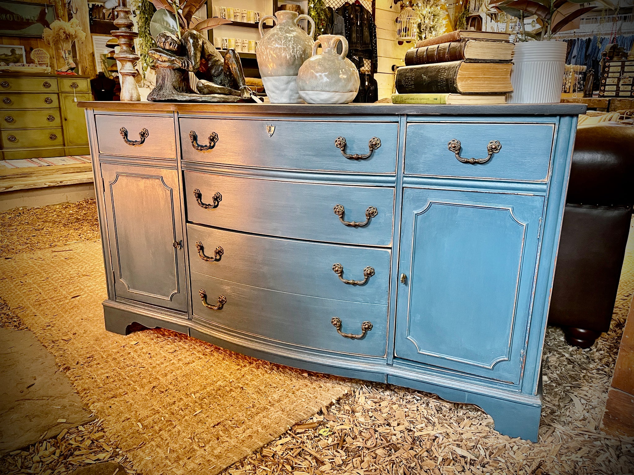 Vintage Bassett Solid Wood Sideboard in Distressed Blue with Obsidian Black Top