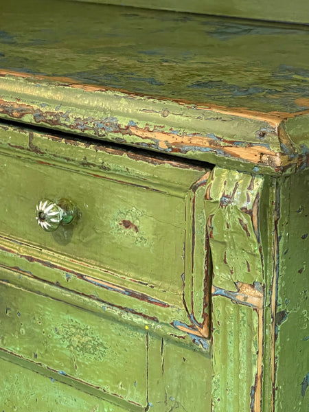 Antique Primitive Lime Green Pie Safe Cabinet with Open Shelving