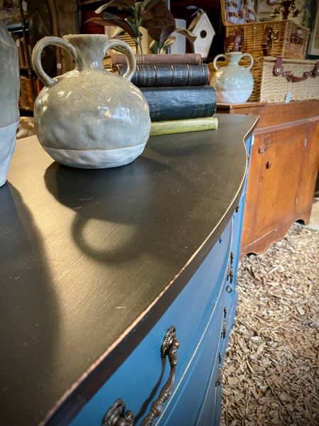 Vintage Bassett Solid Wood Sideboard in Distressed Blue with Obsidian Black Top