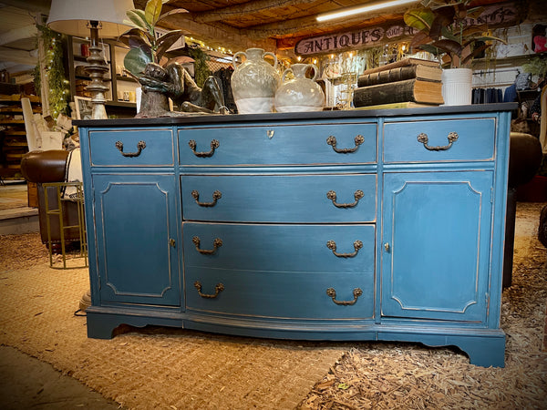 Vintage Bassett Solid Wood Sideboard in Distressed Blue with Obsidian Black Top