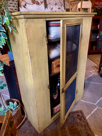 Vintage Primitive Pie Safe Cabinet with Distressed Mustard Finish