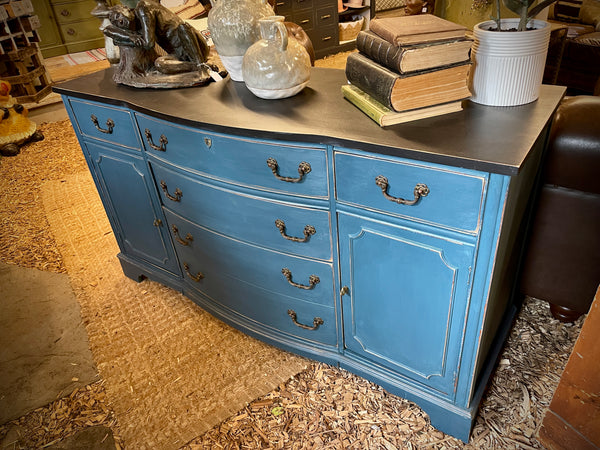 Vintage Bassett Solid Wood Sideboard in Distressed Blue with Obsidian Black Top