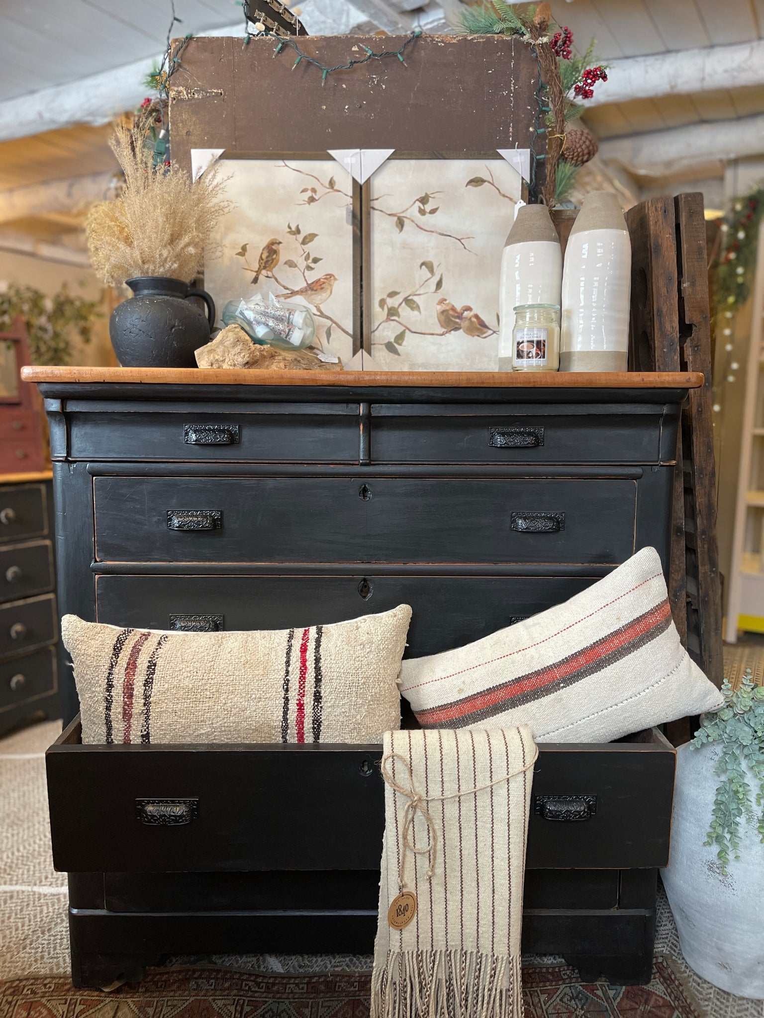 Antique-Style Obsidian Black Chest of Drawers with Hand-Distressed Finish