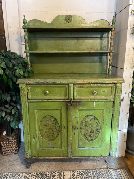 Antique Primitive Lime Green Pie Safe Cabinet with Open Shelving