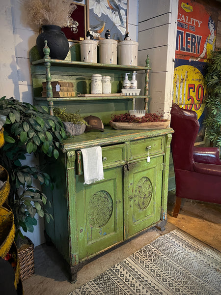 Antique Primitive Lime Green Pie Safe Cabinet with Open Shelving