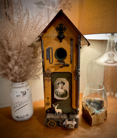 Whimsical Assemblage Art Birdhouse by Bill Mulcahy – Inspired by 1930s Music and Poetry