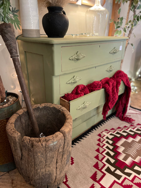 4 Drawer Dresser with Carved Wood Poles in Sun-Dried Olive