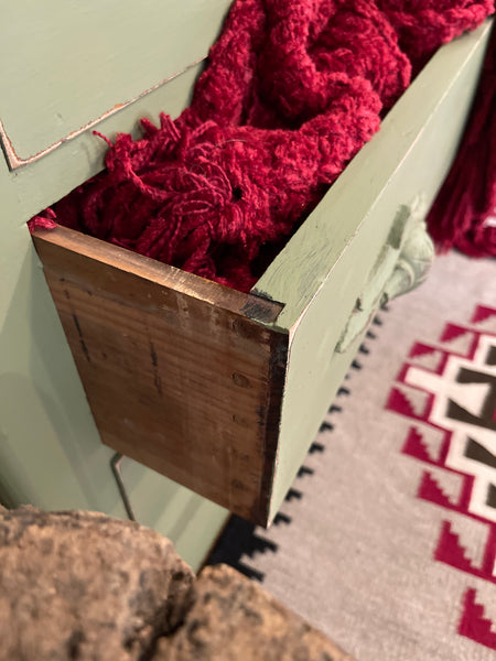 4 Drawer Dresser with Carved Wood Poles in Sun-Dried Olive